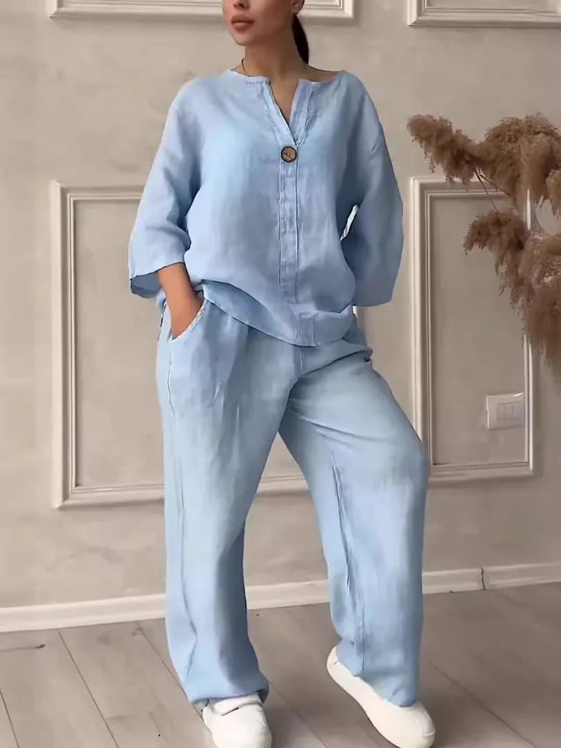 Airy & Stylish Summer Set with Blouse & Wide-Leg Linen Pants – Melina