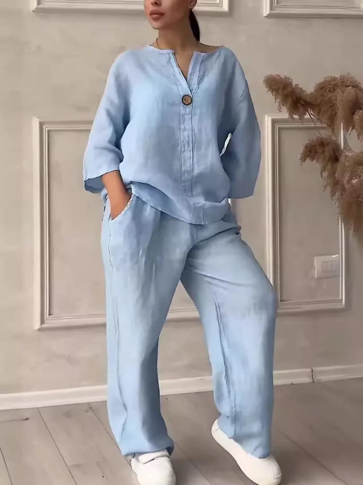 Airy & Stylish Summer Set with Blouse & Wide-Leg Linen Pants – Melina
