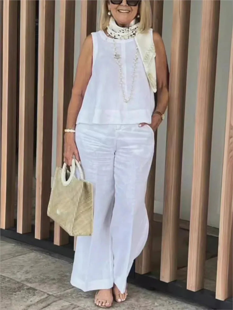 Two-piece women's summer set made of linen with sleeveless blouse – Maelis