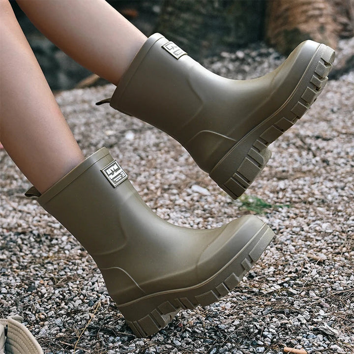 Women's Chelsea waterproof rain boots with block heel & tread sole – Saphira