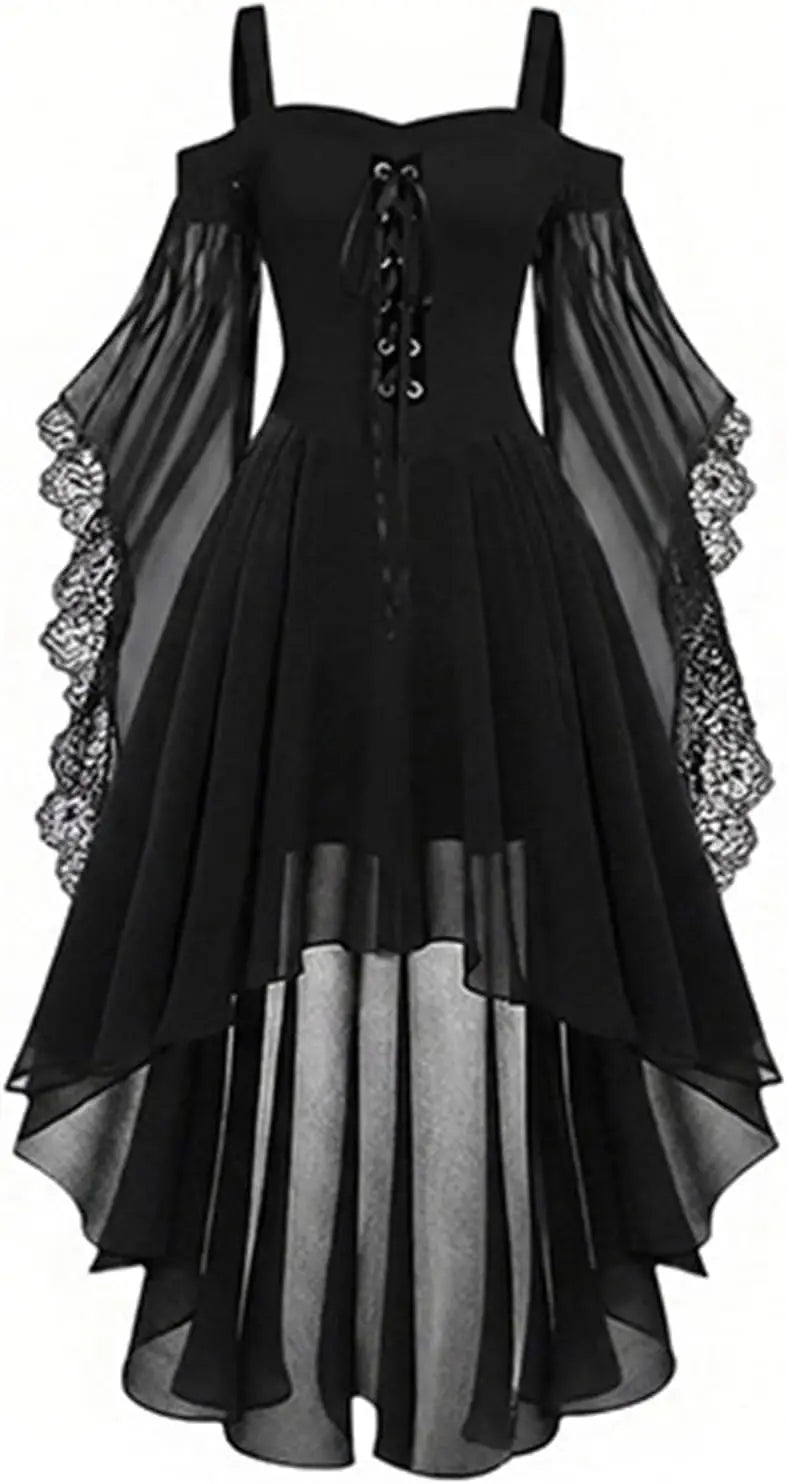 Schwarzes Kleid mit Schnürung und Spitzenärmeln, Vorderansicht ohne Model auf weißem Hintergrund 2