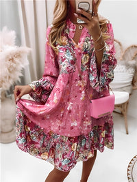Floral Pattern Midi Dress with Long Sleeves and Button Placket – Amelise