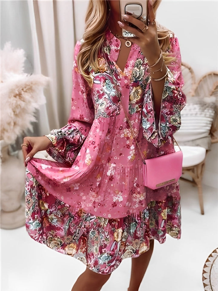 Floral Pattern Midi Dress with Long Sleeves and Button Placket – Amelise