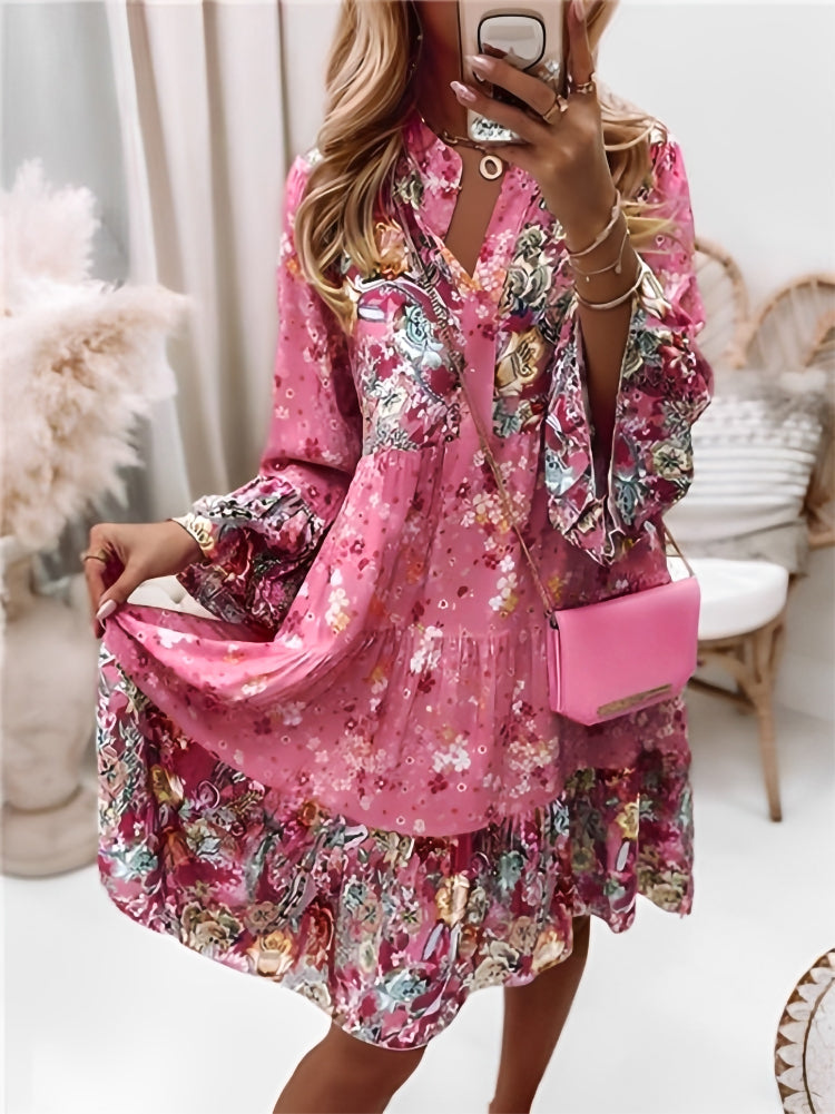 Floral Pattern Midi Dress with Long Sleeves and Button Placket – Amelise