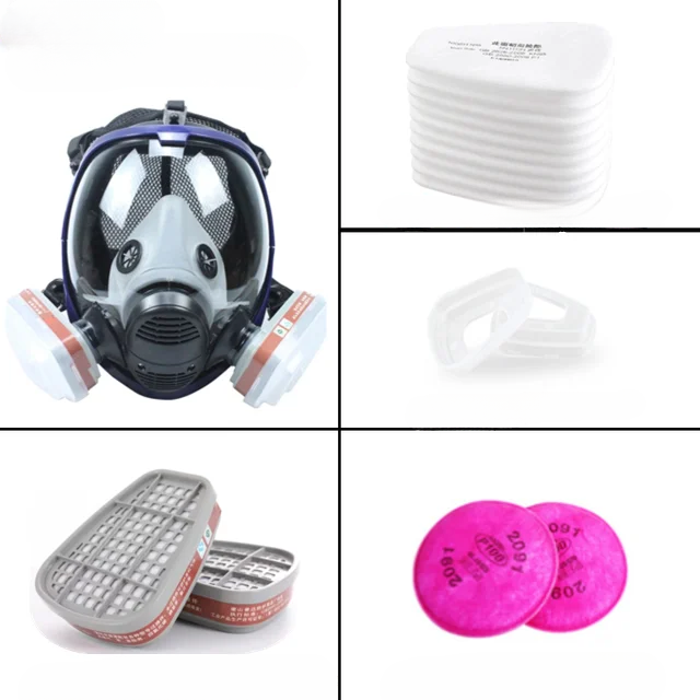 Full face mask with anti-fog lens and industrial gas filters