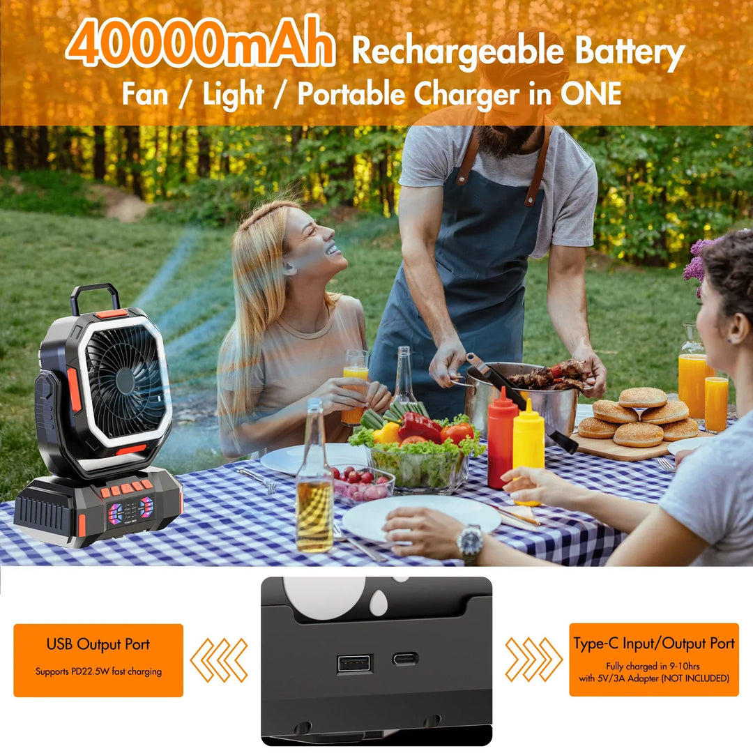 Rechargeable Camping Fan with 40000mAh Battery and LED Lamp – F22