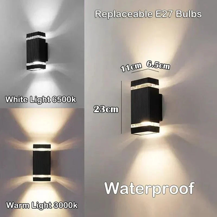 Kompakte eckige Wandlampe mit Maßen 23 × 11 × 6,5 cm, Vergleich von weißem und warmem Licht, austauschbare E27-Leuchtmittel. 7