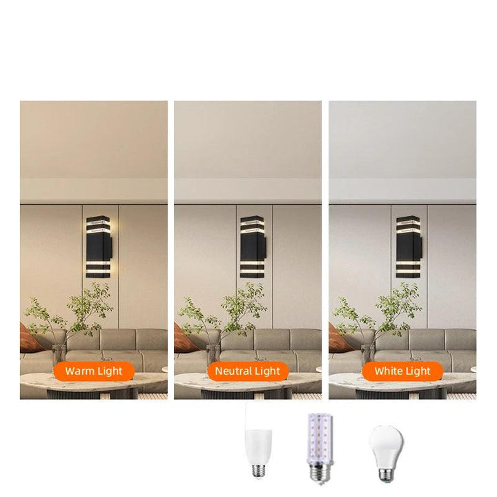 Vergleich dreier Lichtfarben (warm, neutral, weiß) mit der Wandlampe im Wohnzimmer, darunter drei passende E27-Leuchtmittel. 2