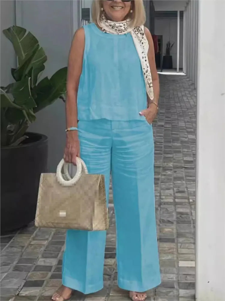 Two-piece women's summer set made of linen with sleeveless blouse – Maelis