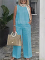 Zweiteiliges Damen Sommer-Set aus Leinen mit Ärmelloser Bluse – Maelis