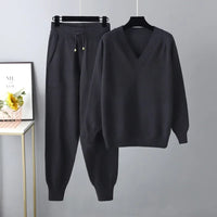 Women's Two-Piece Knit Set with V-Neck Sweater & Pants – Noelia