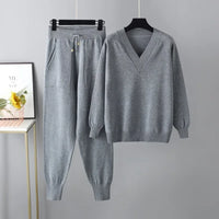 Women's Two-Piece Knit Set with V-Neck Sweater & Pants – Noelia