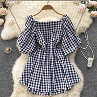 Fashionable women's dress with square neckline & puff sleeves – Selina