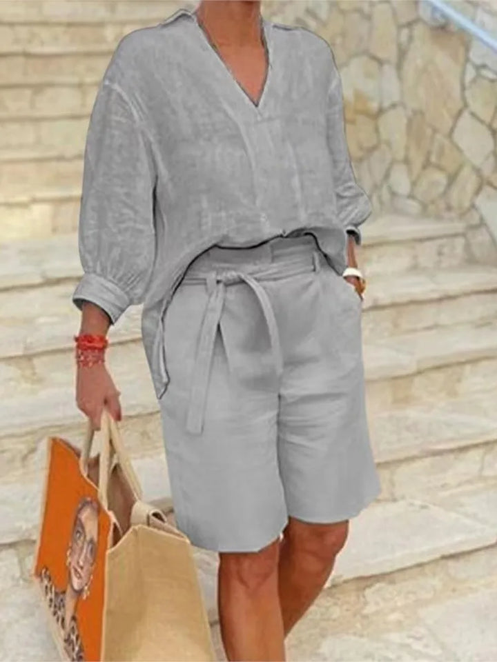 Airy & Stylish Two-Piece Linen Set with Blouse & Shorts for Women – Malea