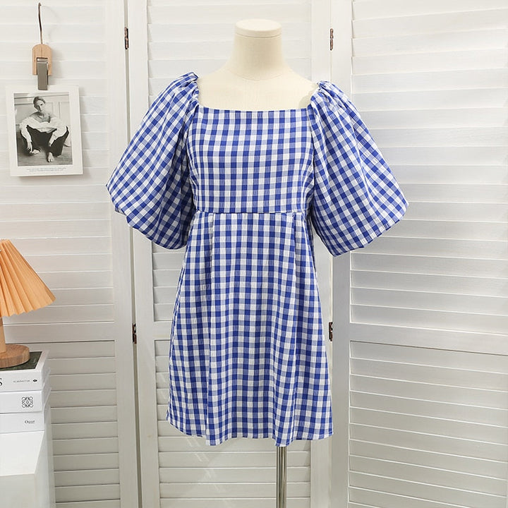 Fashionable women's dress with square neckline & puff sleeves – Selina