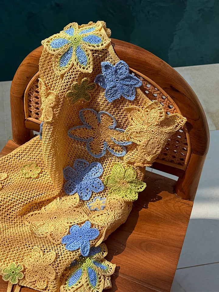 Yellow Crocheted Summer Mini Dress with Floral Embroidery for Women – Nari