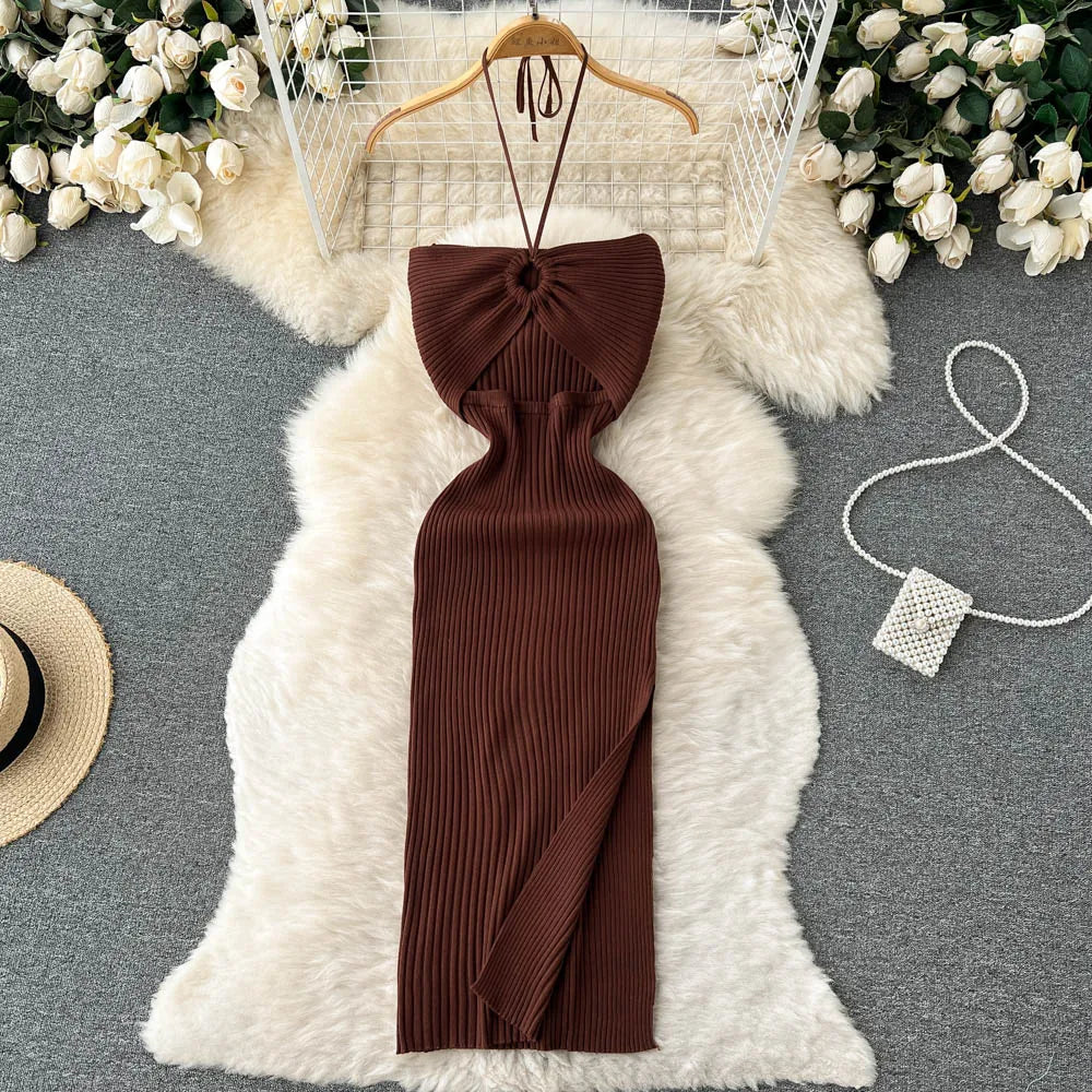 Trendy backless maxi knit dress with side slit for women (one size) – Liora