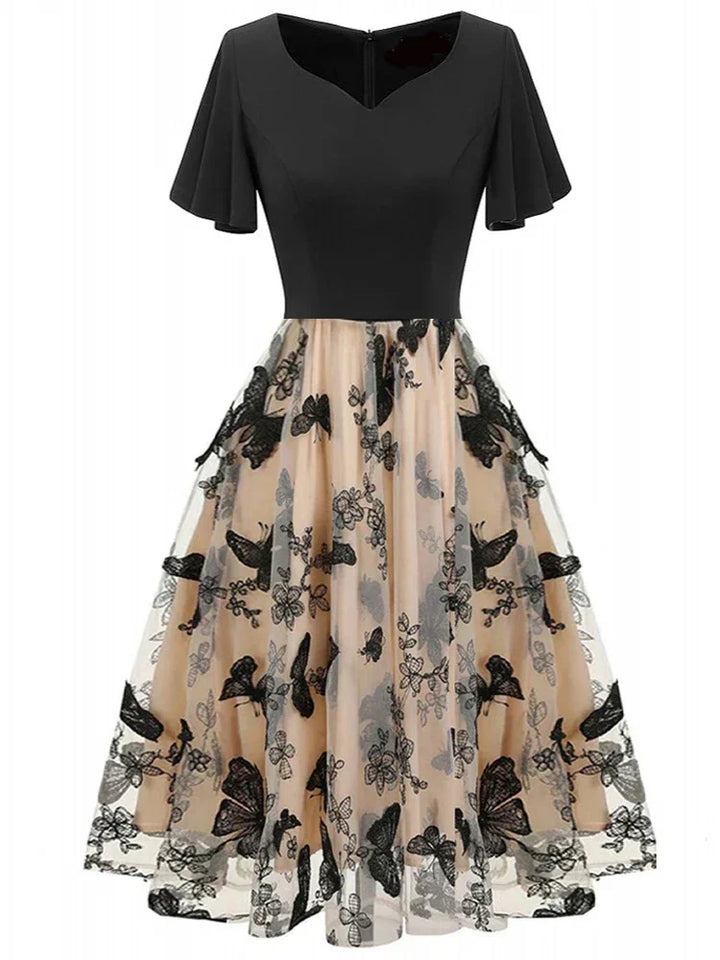 Stylish mesh midi dress with embroidery & ruffle sleeves – Maila