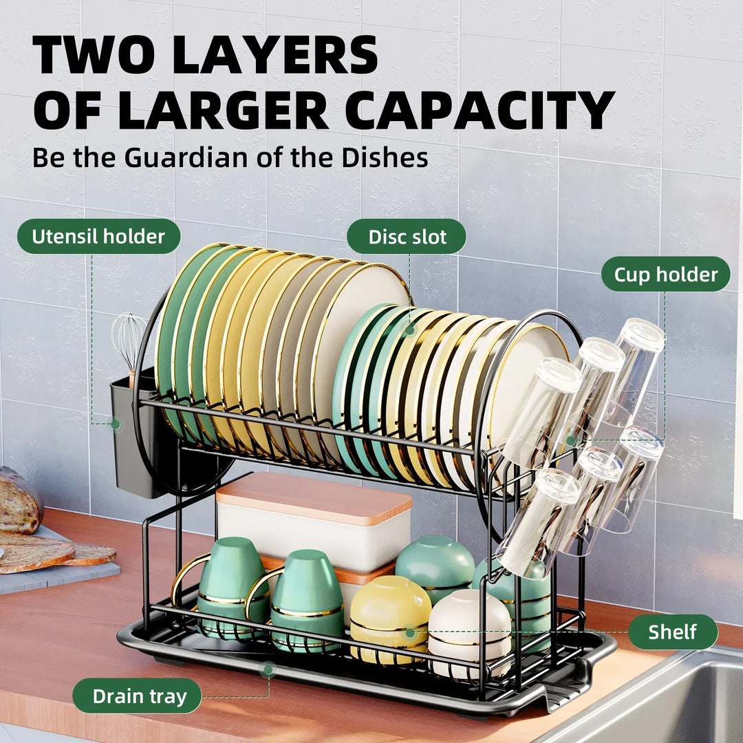 2-tier dish drying rack with drip tray and cutlery holder – Aria