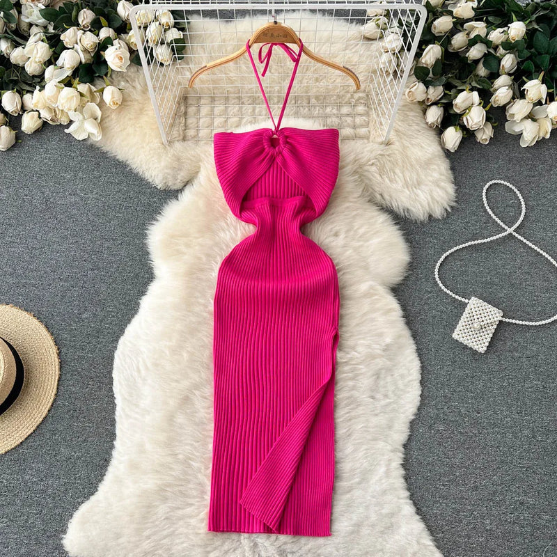 Trendy backless maxi knit dress with side slit for women (one size) – Liora