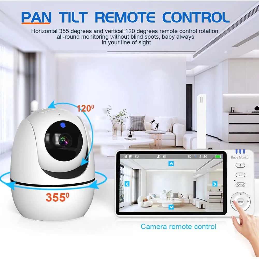 5-tommer HD video babyalarm med kamera, PTZ-zoom og nattesyn