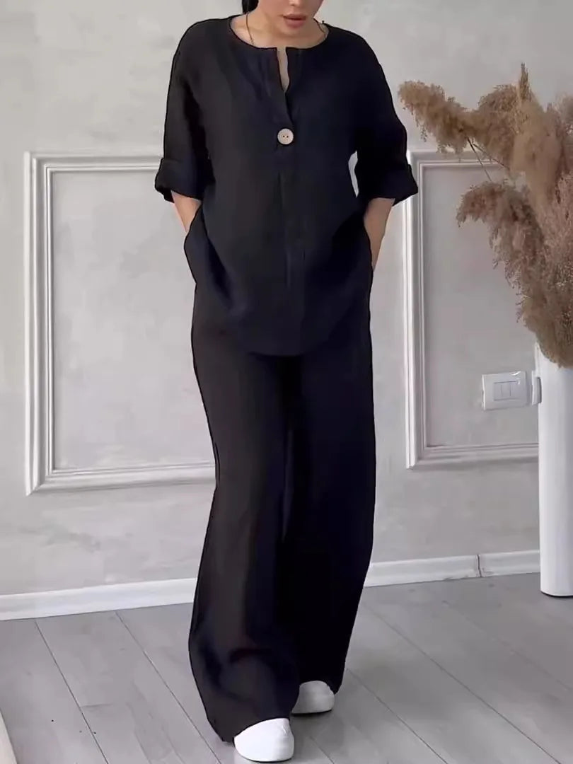 Airy & Stylish Summer Set with Blouse & Wide-Leg Linen Pants – Melina