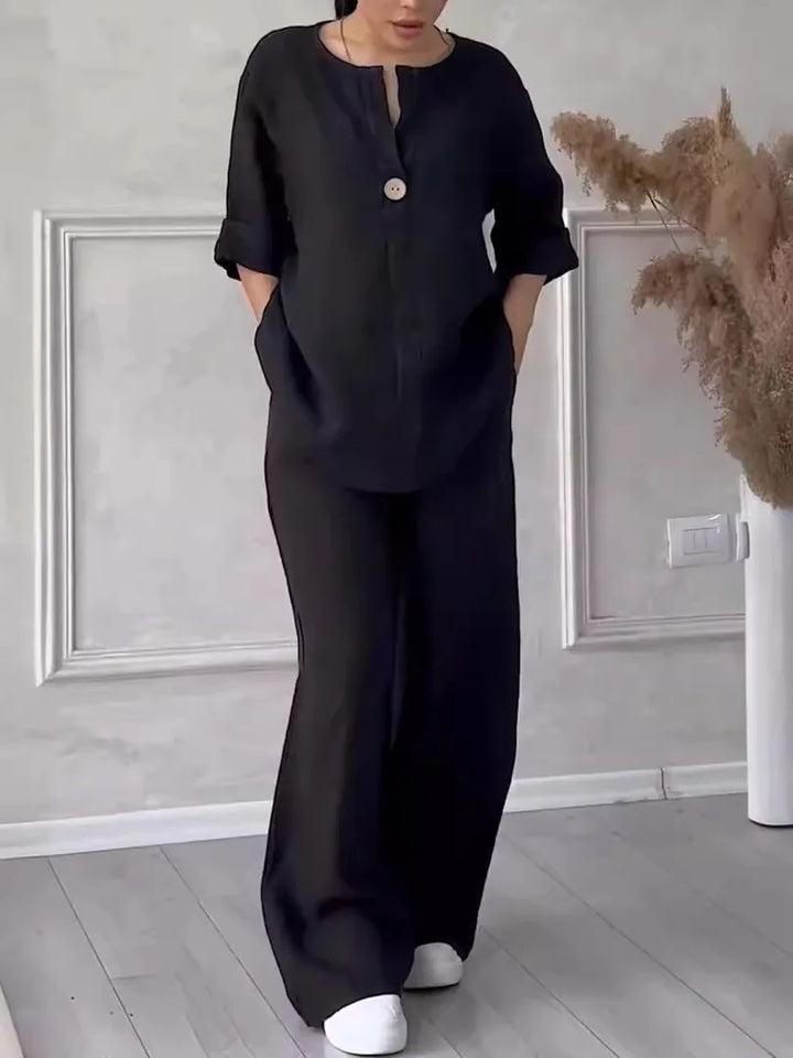 Airy & Stylish Summer Set with Blouse & Wide-Leg Linen Pants – Melina