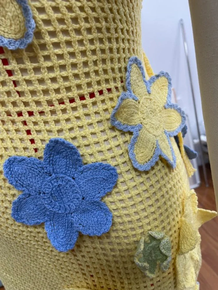 Yellow Crocheted Summer Mini Dress with Floral Embroidery for Women – Nari