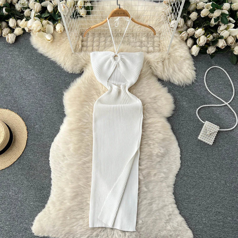 Trendy backless maxi knit dress with side slit for women (one size) – Liora