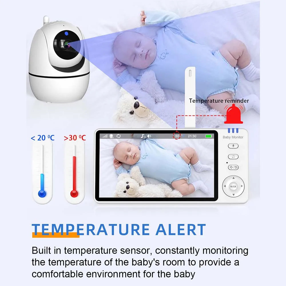 5-tommer HD video babyalarm med kamera, PTZ-zoom og nattesyn