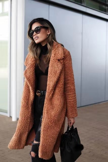 Trendy varmere lang teddyfrakk for kvinner - Isla