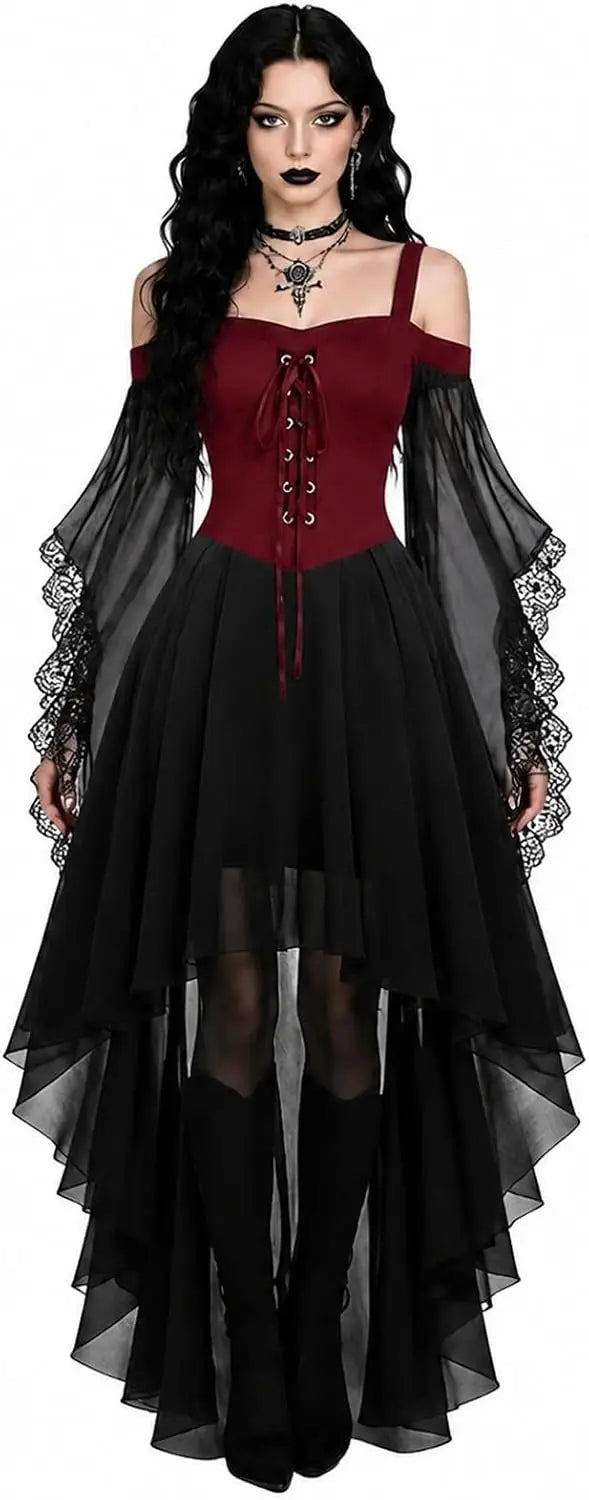 Model im Kleid mit weinrotem Schnürkorsett, schwarzem Chiffonrock und weiten Spitzenärmeln, Vorderansicht 7