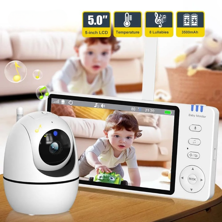 5-tommer HD video babyalarm med kamera, PTZ-zoom og nattesyn