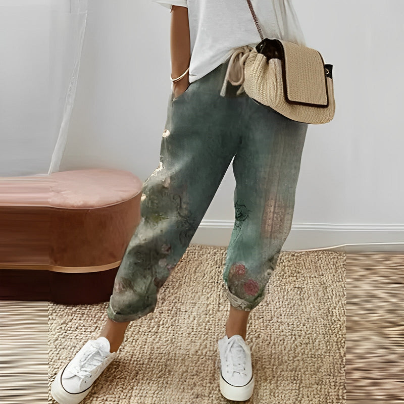 Boho women's pants with leaf pattern – Selina