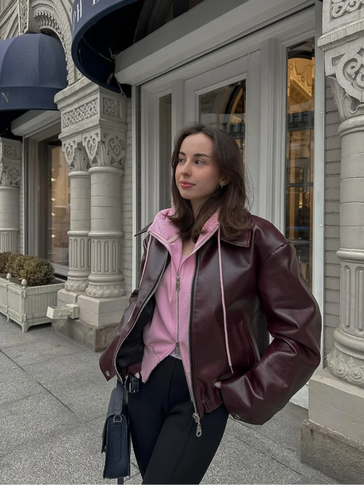 Brown leather women's jacket with lapel collar – Giulia