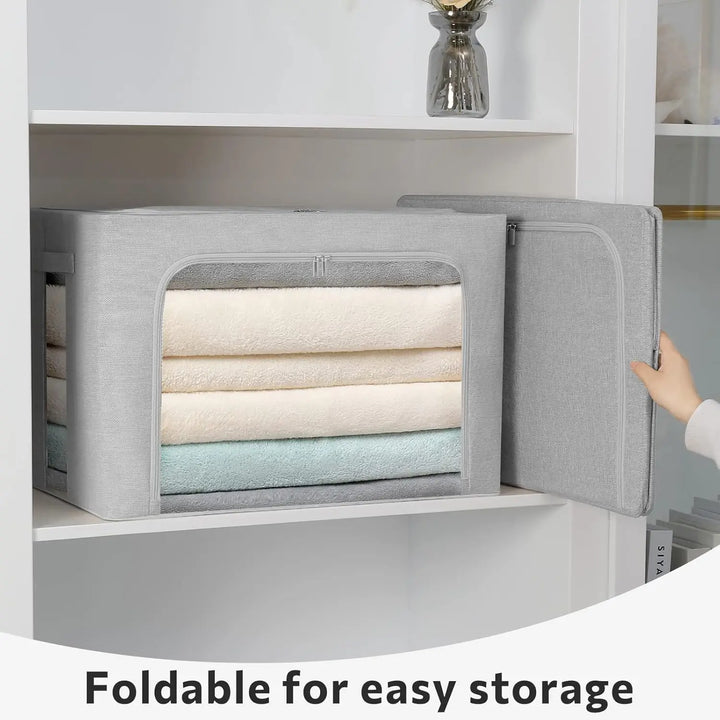 Stackable storage boxes made of linen fabric with clear window – Elara