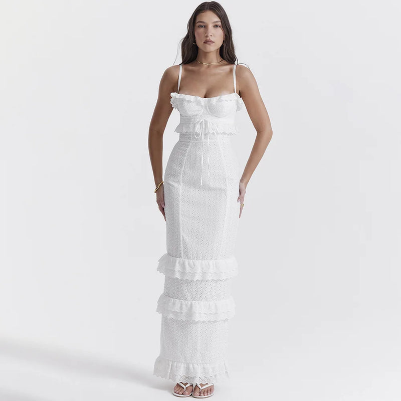 Stilvolles Besticktes Camisole Maxikleid in Weiß – Alina