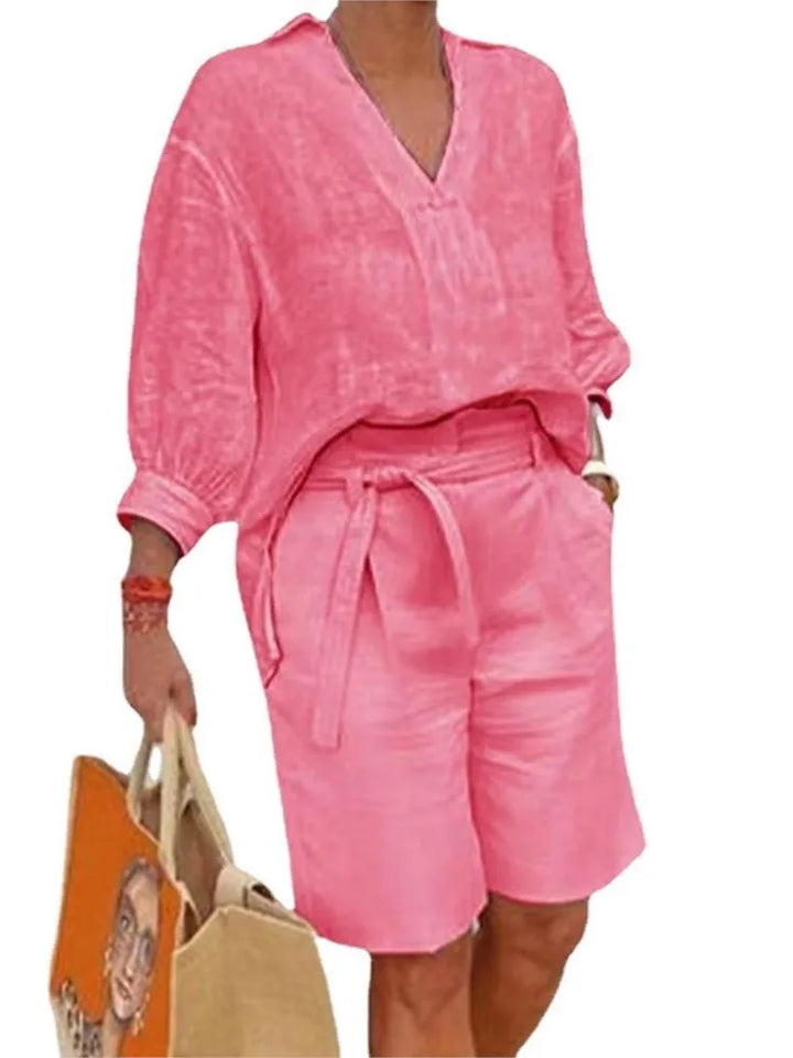 Airy & Stylish Two-Piece Linen Set with Blouse & Shorts for Women – Malea