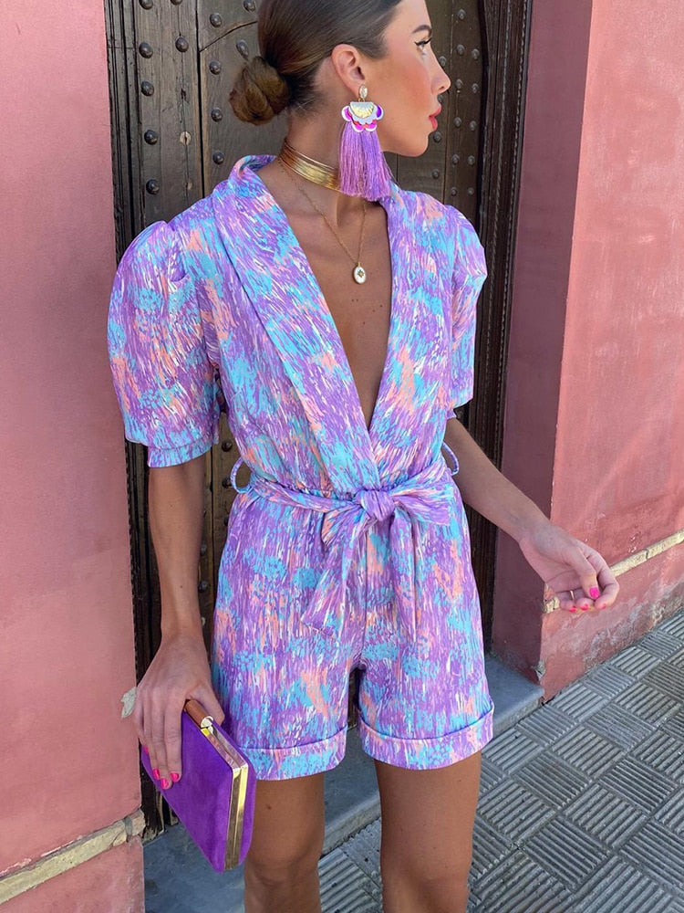 Trendy festivalmønstret playsuit med belte – Leona