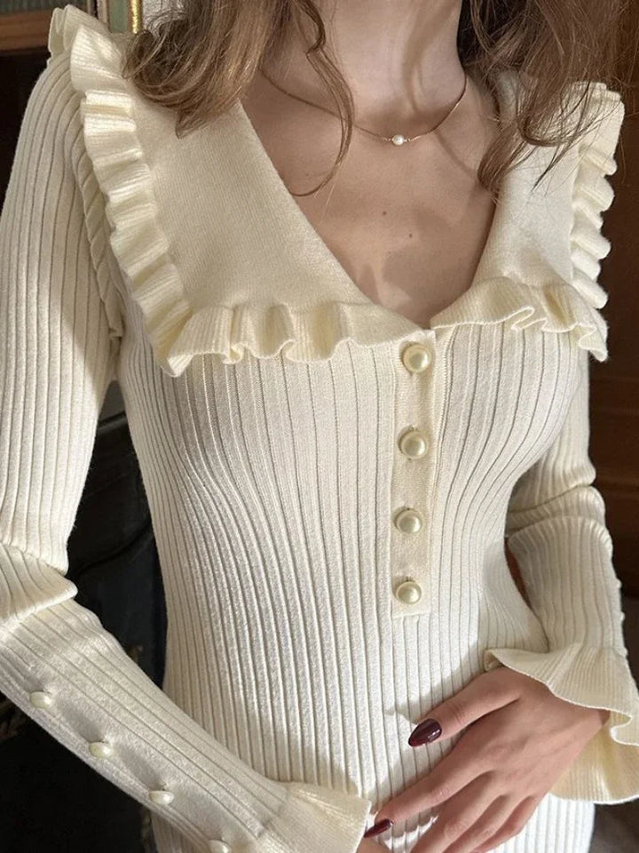 Women's knitted maxi dress with high waist & ruffles – Isolde