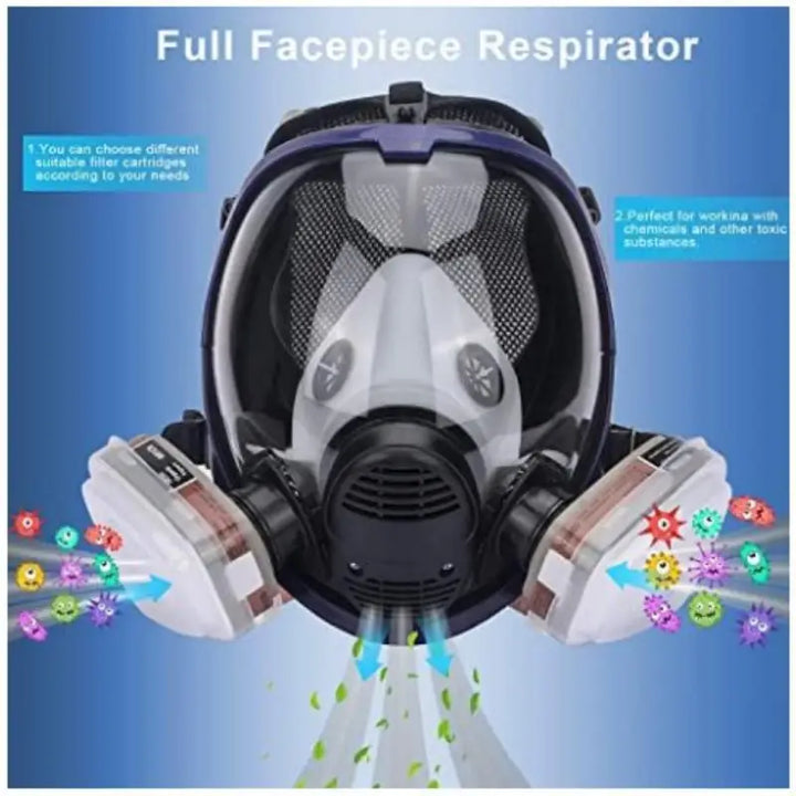 Full face mask with anti-fog lens and industrial gas filters
