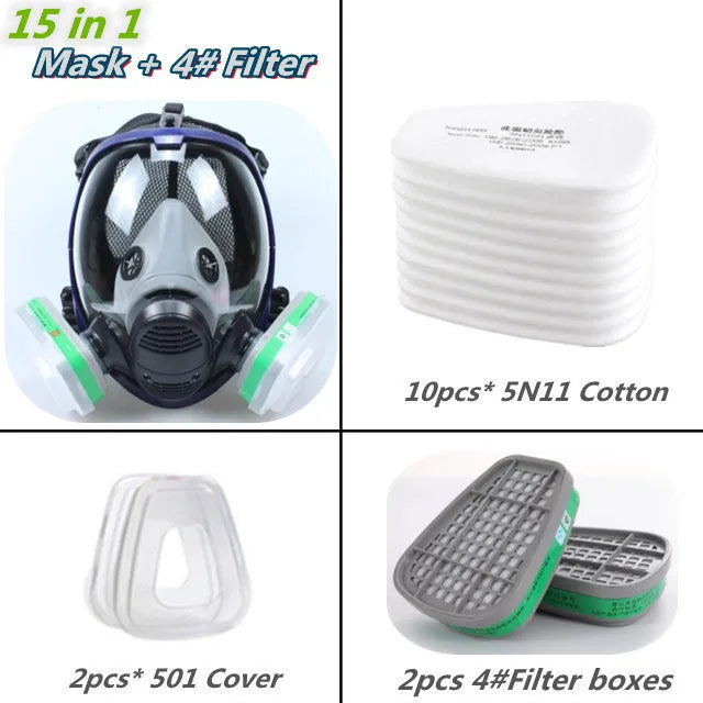 Full face mask with anti-fog lens and industrial gas filters