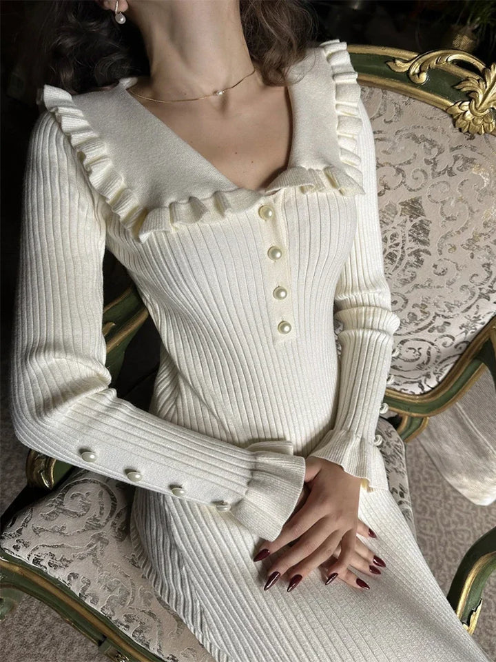 Women's knitted maxi dress with high waist & ruffles – Isolde