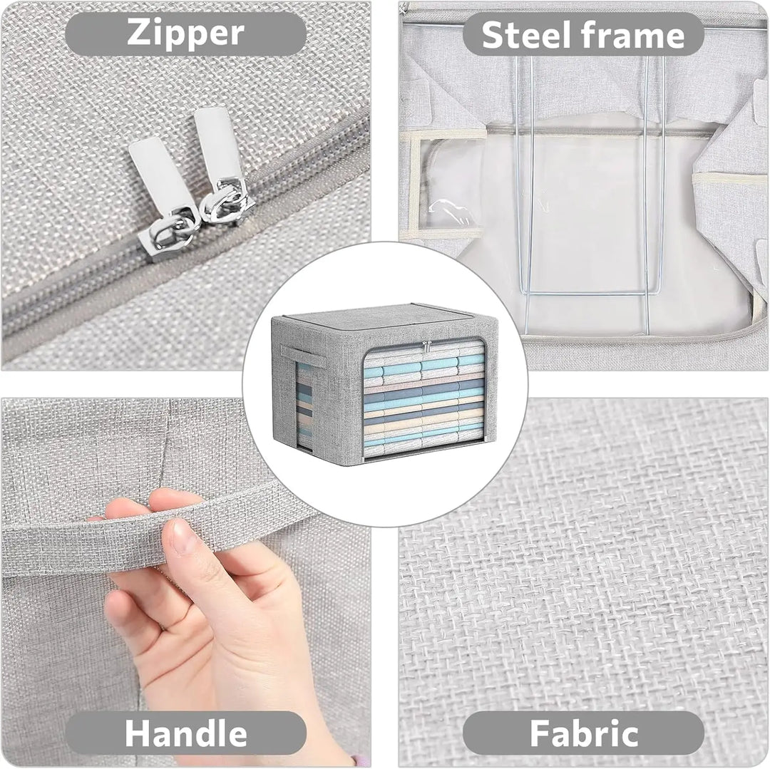 Stackable storage boxes made of linen fabric with clear window – Elara