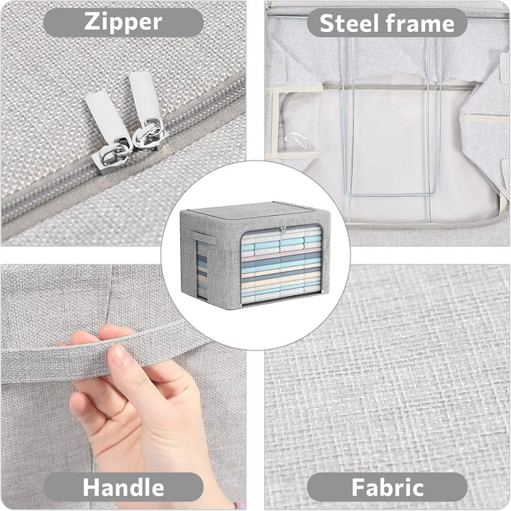 Stackable storage boxes made of linen fabric with clear window – Elara