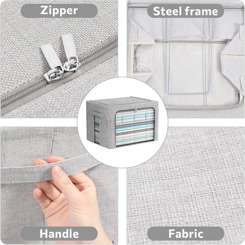 Stackable storage boxes made of linen fabric with clear window – Elara