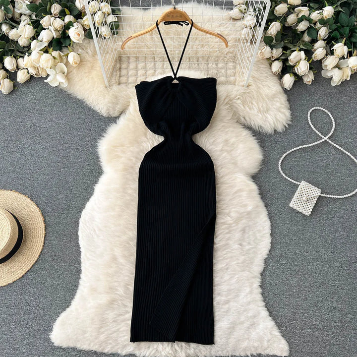 Trendy backless maxi knit dress with side slit for women (one size) – Liora