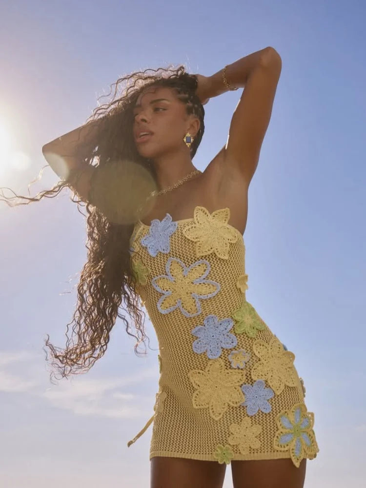 Yellow Crocheted Summer Mini Dress with Floral Embroidery for Women – Nari