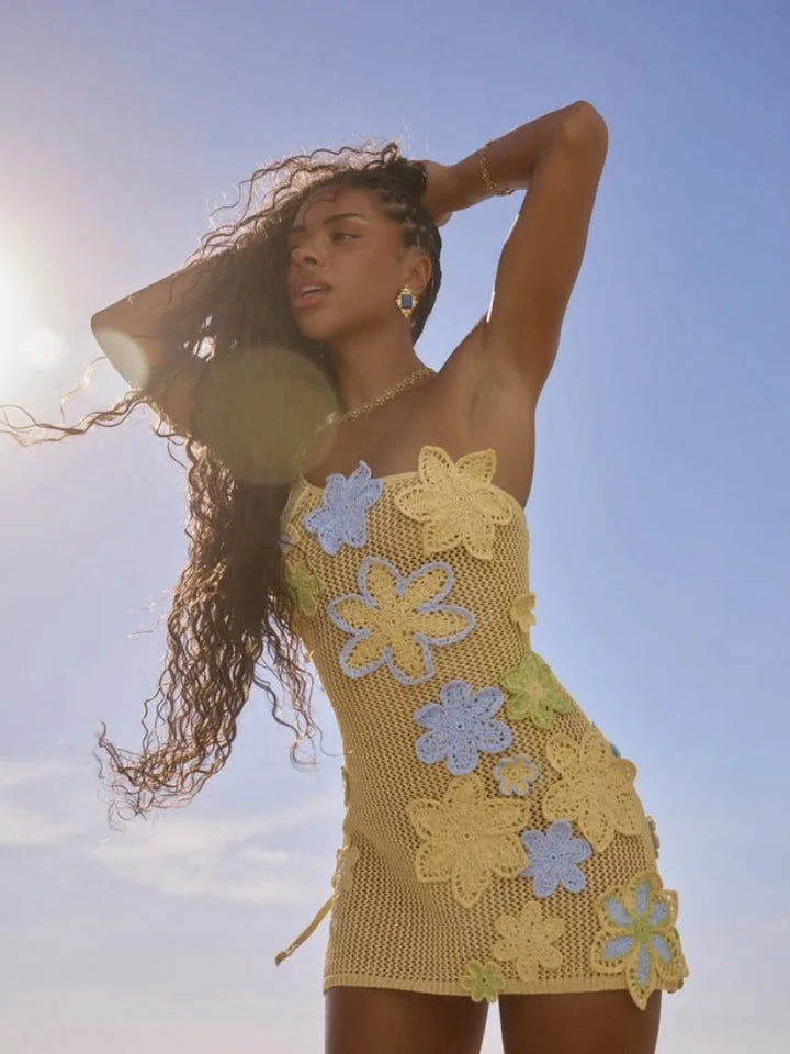 Yellow Crocheted Summer Mini Dress with Floral Embroidery for Women – Nari