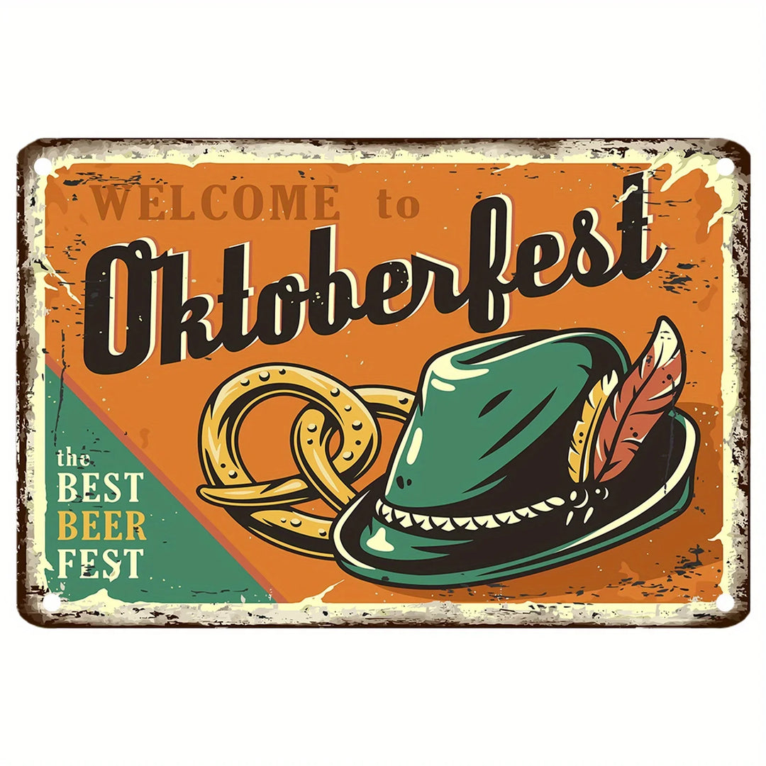 Metal sign with hat & pretzel – WiesnWelcome Oktoberfest 2025